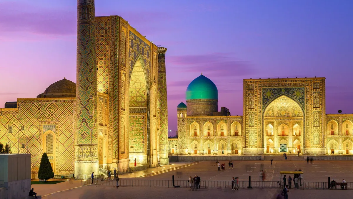 The blue-tiled madrasas of the Registan in Samarkand, Uzbekistan